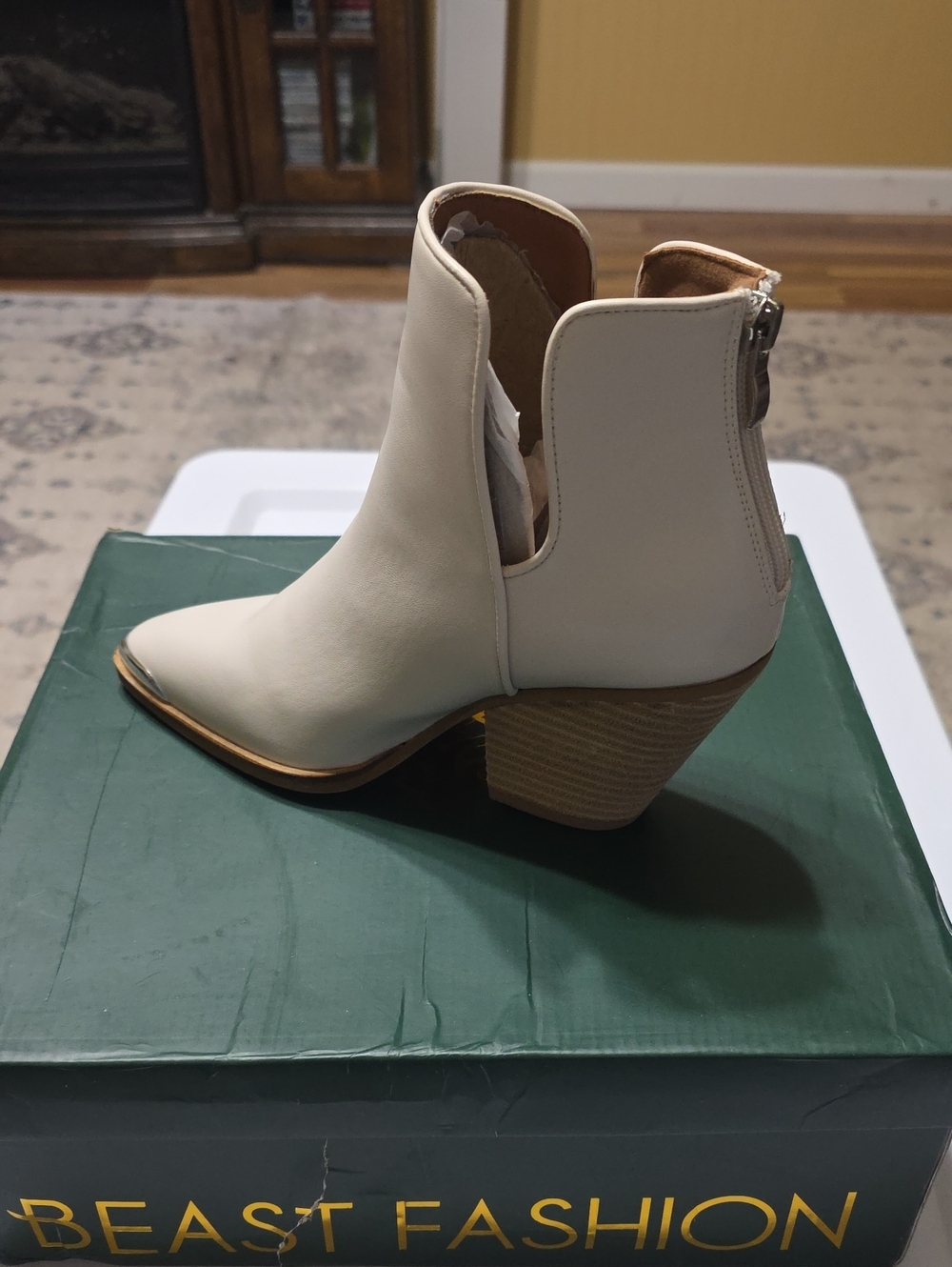 BEAST FASHION Cream Cutout Ankle Bootie with Stacked Heel and Gold Trim